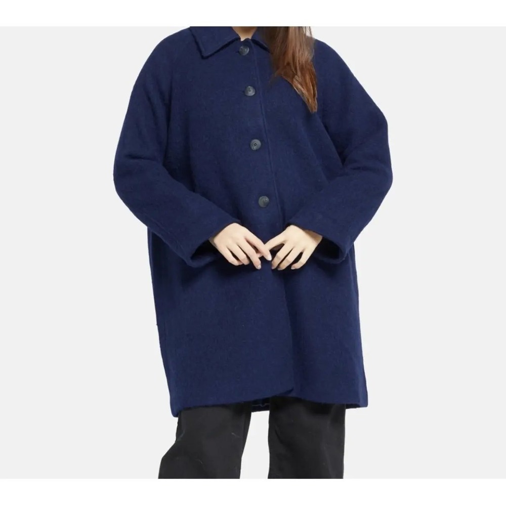 $495 American Vintage Navy Blue Wool Coat Oversized Collar Button Front XS S - Picture 2 of 8